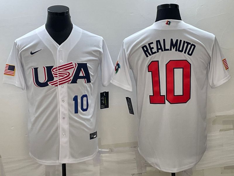 Men 2023 World Cub USA 10 Realmuto White Nike MLB Jersey3